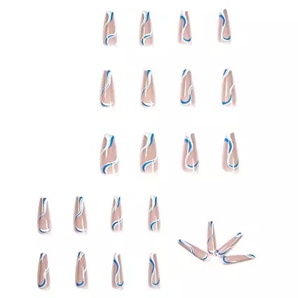 Blue Wave Acrylic Press On Nails In Long Coffin Shape.