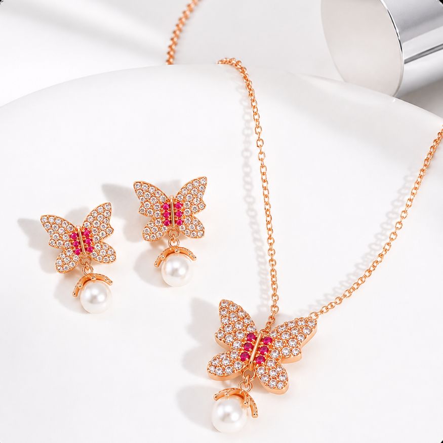 Rose Gold Butterfly Pearl Set