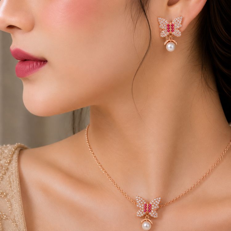 Rose Gold Butterfly Pearl Set