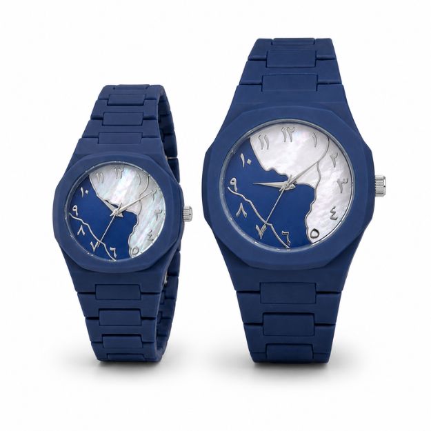 Navy Blue Arabic Dial Couple Watch Set